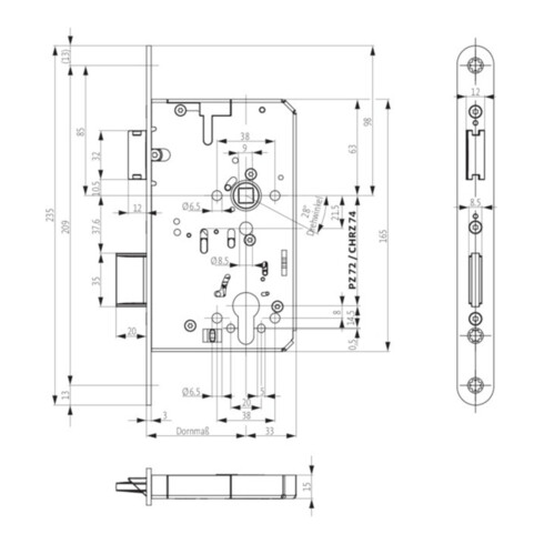 Panik-Einsteckschloss Ser.23 Fkt.E 24/65/72/9mm DIN L/R VA