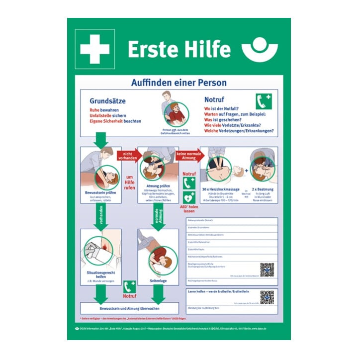Panneau de premiers secours selon les informations 204-001 du DGUV L410xl590 mm
