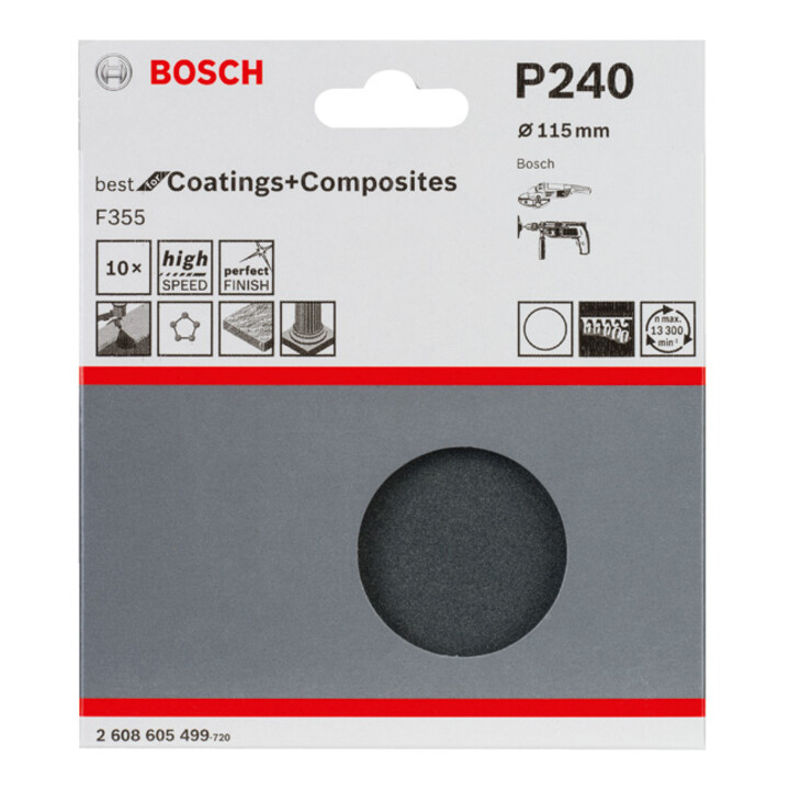 Bosch Papier abrasif F355, sans trous, auto-agrippant, 115 mm
