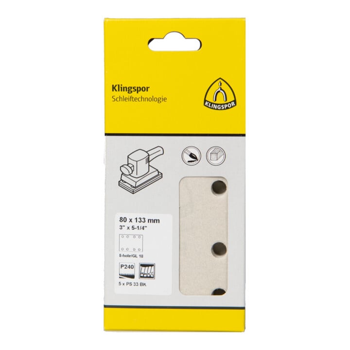 Papier abrasif Klingspor PS 33 BK, 80 x 133 mm grain 240 forme de trou GL18