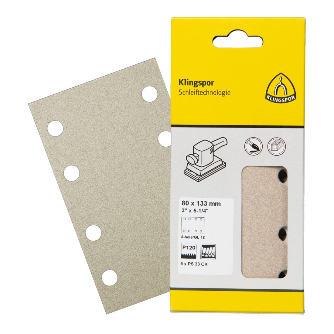 Papier abrasif Klingspor PS 33 CK, 80 x 133 mm grain 120 forme de trou GL18