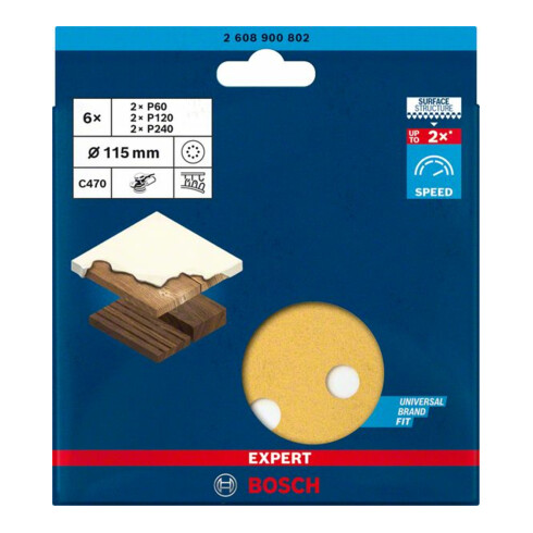 Papier de verre Bosch Expert C470 pour ponceuse excentrique, 115 mm, 8 trous, G 60/120/240