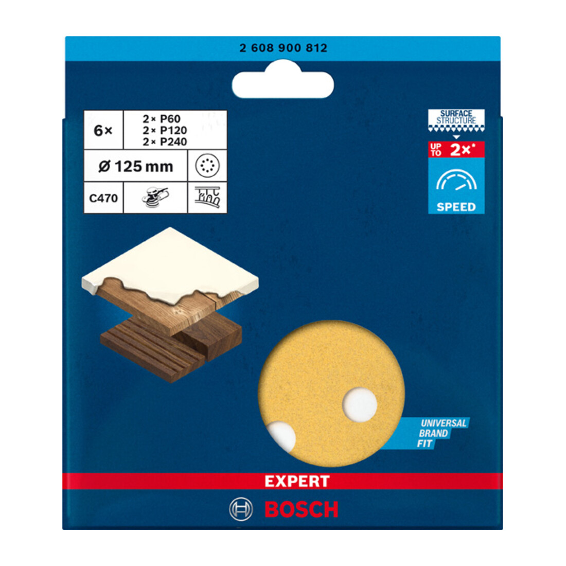 Papier de verre Bosch Expert C470 pour ponceuse excentrique, 125 mm, 8 trous, G 60/120/240