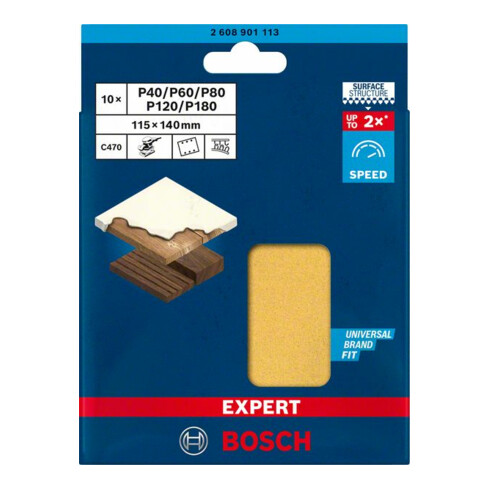 Papier de verre Bosch Expert C470 pour ponceuse orbitale, 115 x 140 mm, G 2x40/2x60/2x80/2x120/2x180