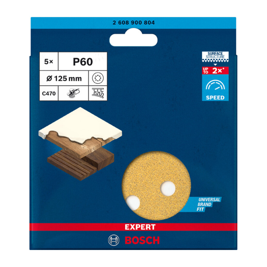 Papier de verre Bosch Expert C470 pour ponceuse orbitale aléatoire, 125 mm, 8 trous, G 60