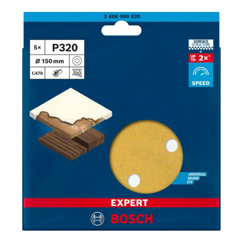 Papier de verre Bosch Expert C470 pour ponceuse orbitale aléatoire, 150 mm, 6 trous, G 320