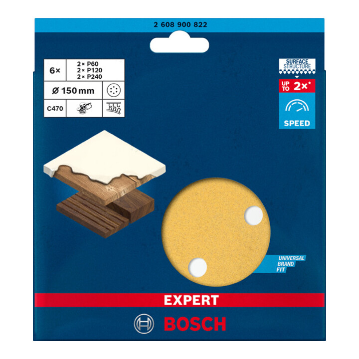 Papier de verre Bosch Expert C470 pour ponceuse orbitale aléatoire, 150 mm, 6 trous, G 60/120/240