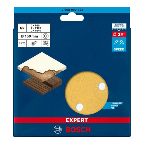 Papier de verre Bosch Expert C470 pour ponceuse orbitale aléatoire, 150 mm, 6 trous, G 60/120/240