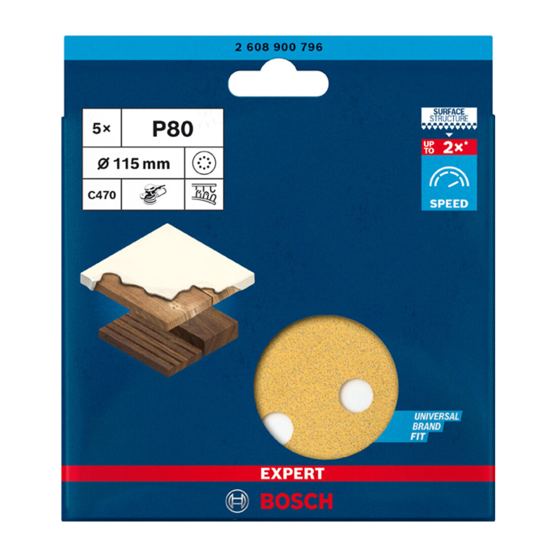 Papier de verre Bosch Expert C470 pour ponceuse orbitale excentrique, 115 mm, 8 trous, G 80