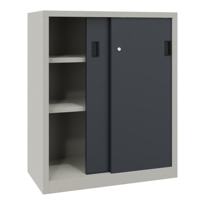 Pavoy Schiebetürenschrank, 1200x1000x600 mm, 2 Böden gepulvert, RAL 7035/7016