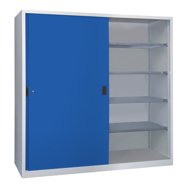 Pavoy Schiebetürenschrank, 1950x2000x500 mm, 8 Böden verzinkt, RAL 7035/5010
