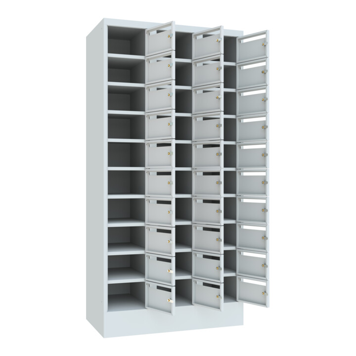 Pavoy Schließfachschrank, 3 x 10 Fächer, Korpus / Front Lichtgrau