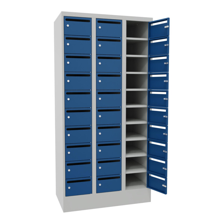 Pavoy Schließfachschrank, 3 x 10 Fächer, Korpus Lichtgrau/ Front Enzianblau