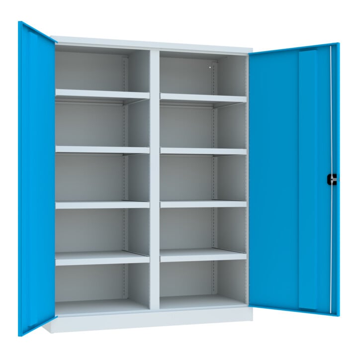 Pavoy Schwerlastschrank 1950x1470x630, Trennwand, 8 Fachböden a 120 kg, RAL 7035/5012