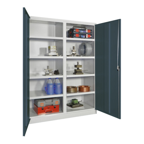 Pavoy Schwerlastschrank 1950x1470x630, Trennwand, 8 Fachböden a 120 kg, RAL 7035/7016