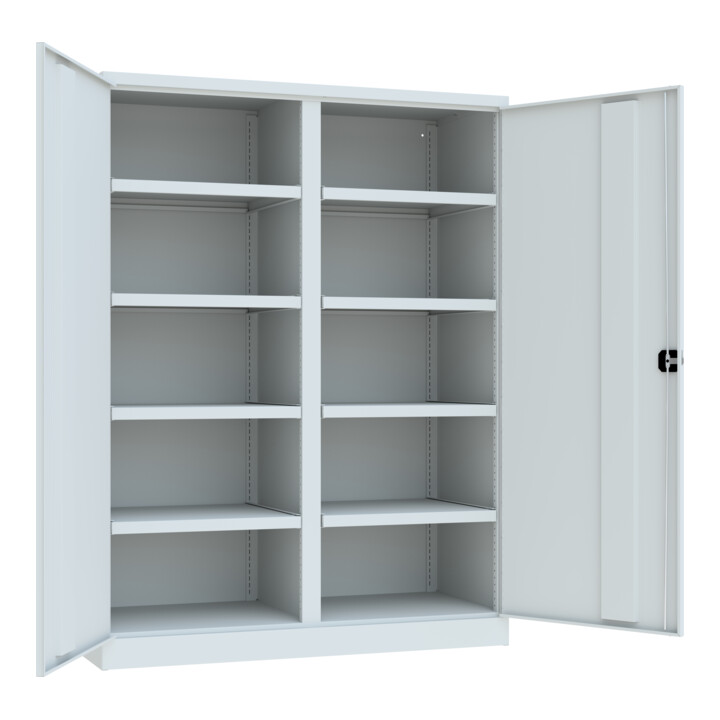 Pavoy Schwerlastschrank 1950x1470x630, Trennwand, 8 Fachböden a 120 kg, RAL 7035