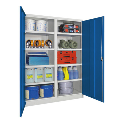 Pavoy Schwerlastschrank 1950x1470x630, Trennwand, 8 Fachböden a 200 kg, RAL 7035/5010