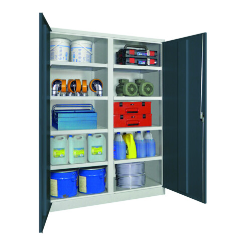 Pavoy Schwerlastschrank 1950x1470x630, Trennwand, 8 Fachböden a 200 kg, RAL 7035/7016