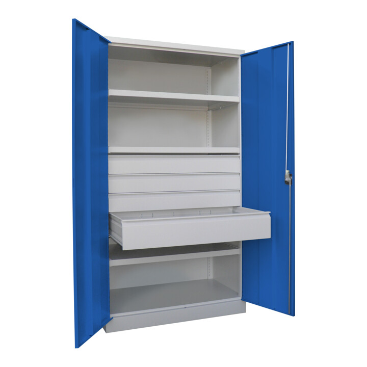Pavoy Schwerlastschrank, 3 Fachböden a 120 kg, 4 Schubladen, Ral 7035/5010