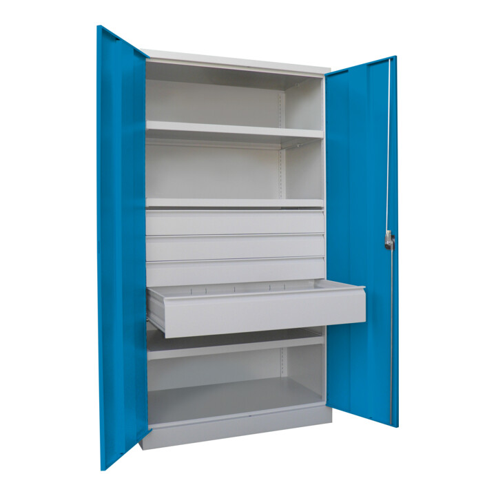 Pavoy Schwerlastschrank, 3 Fachböden a 120 kg, 4 Schubladen, Ral 7035/5012