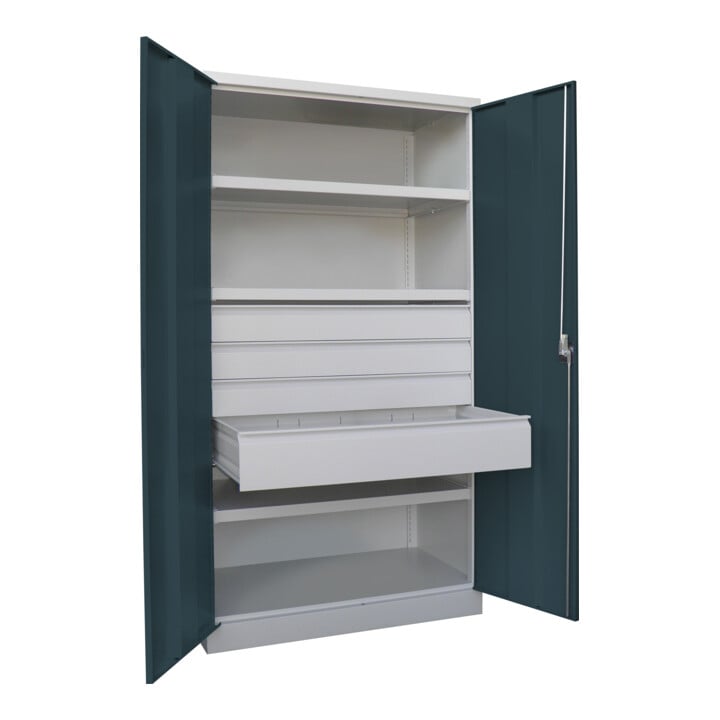 Pavoy Schwerlastschrank, 3 Fachböden a 120 kg, 4 Schubladen, Ral 7035/7016