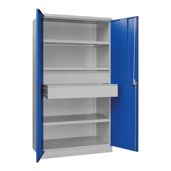 Pavoy Schwerlastschrank, 3 Fachböden a 200 kg, 2 Schubladen, RAL 7035/5010
