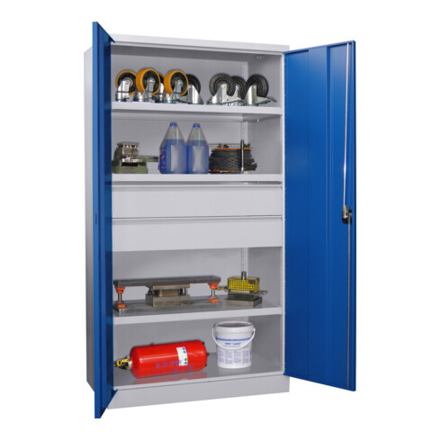 Pavoy Schwerlastschrank, 3 Fachböden a 200 kg, 2 Schubladen, RAL 7035/5010