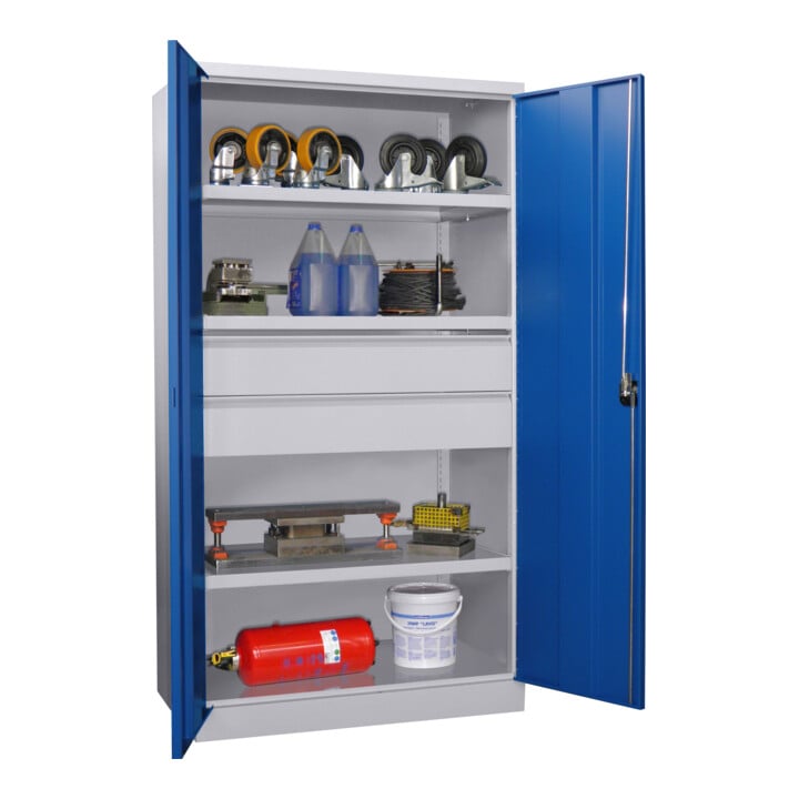 Pavoy Schwerlastschrank, 3 Fachböden a 200 kg, 2 Schubladen, RAL 7035/5010