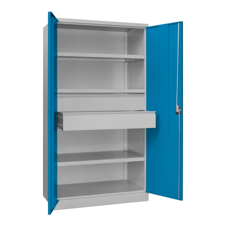Pavoy Schwerlastschrank, 3 Fachböden a 200 kg, 2 Schubladen, RAL 7035/5012