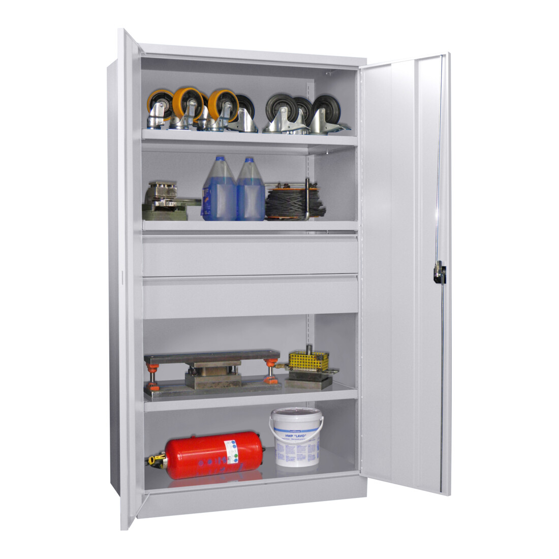 Pavoy Schwerlastschrank, 3 Fachböden a 200 kg, 2 Schubladen, RAL 7035