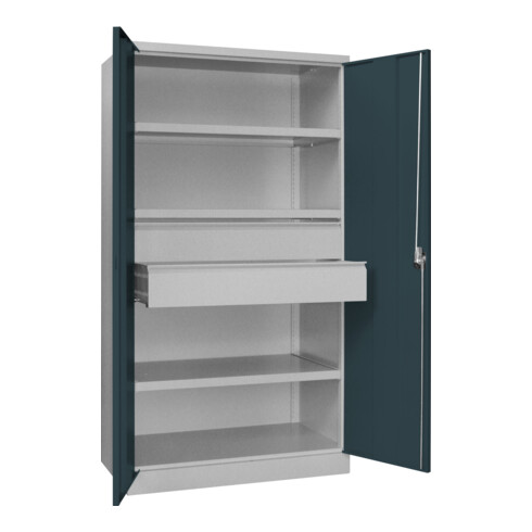 Pavoy Schwerlastschrank, 3 Fachböden a 200 kg, 2 Schubladen, RAL 7035/7016