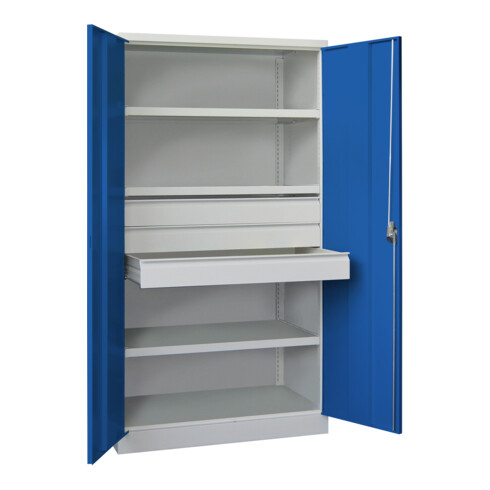 Pavoy Schwerlastschrank, 3 Fachböden a 200 kg, 3 Schubladen a 125 mm, Ral 7035/5010