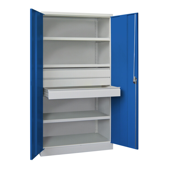Pavoy Schwerlastschrank, 3 Fachböden a 200 kg, 3 Schubladen a 125 mm, Ral 7035/5010