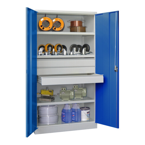 Pavoy Schwerlastschrank, 3 Fachböden a 200 kg, 3 Schubladen a 125 mm, Ral 7035/5010