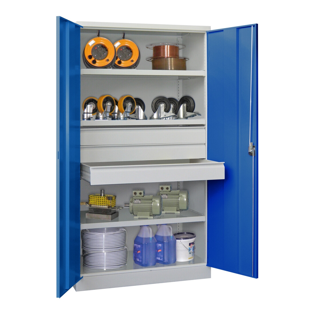 Pavoy Schwerlastschrank, 3 Fachböden a 200 kg, 3 Schubladen a 125 mm, Ral 7035/5010