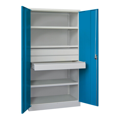 Pavoy Schwerlastschrank, 3 Fachböden a 200 kg, 3 Schubladen a 125 mm, Ral 7035/5012