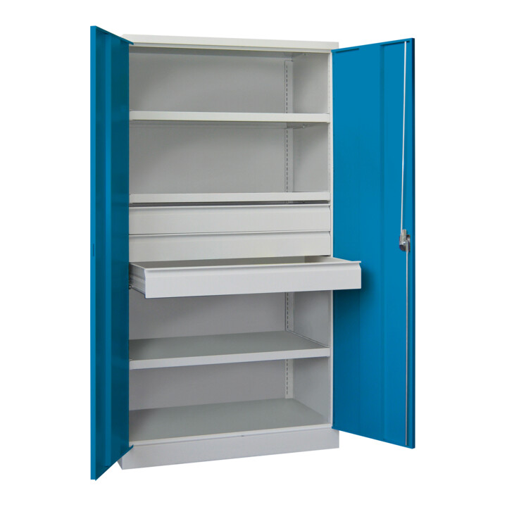 Pavoy Schwerlastschrank, 3 Fachböden a 200 kg, 3 Schubladen a 125 mm, Ral 7035/5012