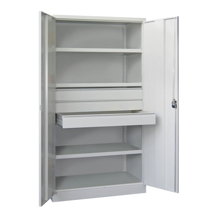Pavoy Schwerlastschrank, 3 Fachböden a 200 kg, 3 Schubladen a 125 mm, Ral 7035