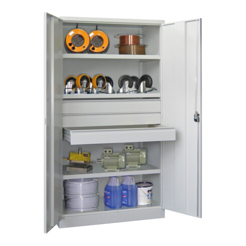 Pavoy Schwerlastschrank, 3 Fachböden a 200 kg, 3 Schubladen a 125 mm, Ral 7035