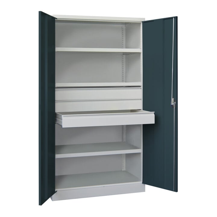 Pavoy Schwerlastschrank, 3 Fachböden a 200 kg, 3 Schubladen a 125 mm, Ral 7035/7016