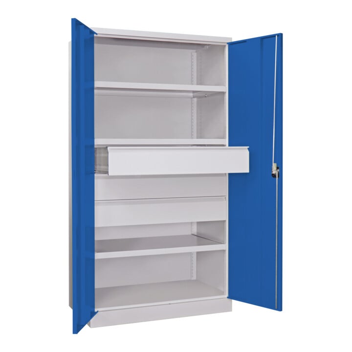 Pavoy Schwerlastschrank, 3 Fachböden a 200 kg, 3 Schubladen a 175 mm, Ral 7035/5010