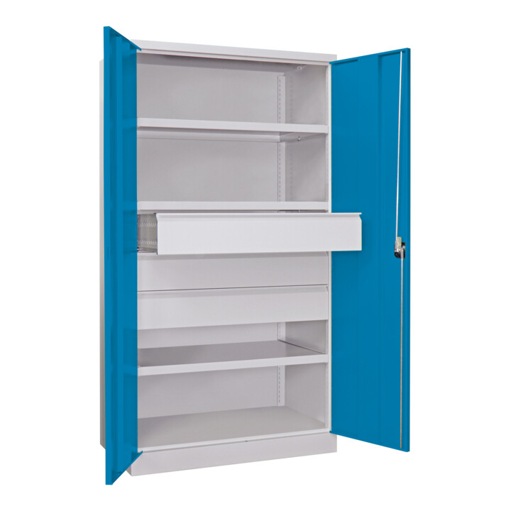 Pavoy Schwerlastschrank, 3 Fachböden a 200 kg, 3 Schubladen a 175 mm, Ral 7035/5012