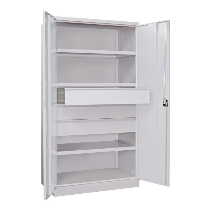 Pavoy Schwerlastschrank, 3 Fachböden a 200 kg, 3 Schubladen a 175 mm, Ral 7035