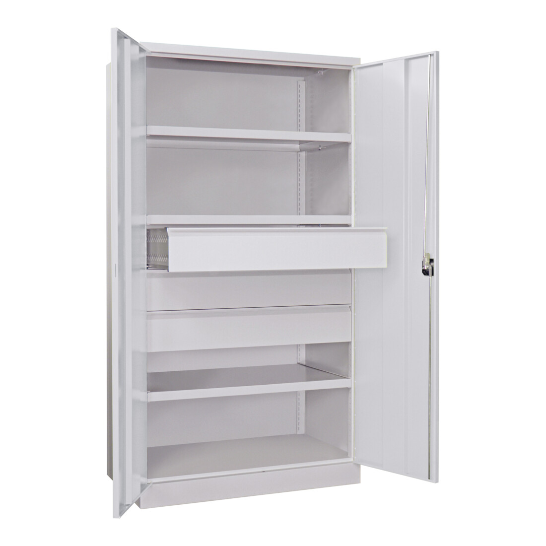 Pavoy Schwerlastschrank, 3 Fachböden a 200 kg, 3 Schubladen a 175 mm, Ral 7035