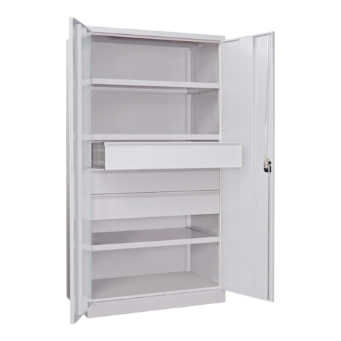Pavoy Schwerlastschrank, 3 Fachböden a 200 kg, 3 Schubladen a 175 mm, Ral 7035