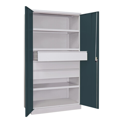 Pavoy Schwerlastschrank, 3 Fachböden a 200 kg, 3 Schubladen a 175 mm, Ral 7035/7016