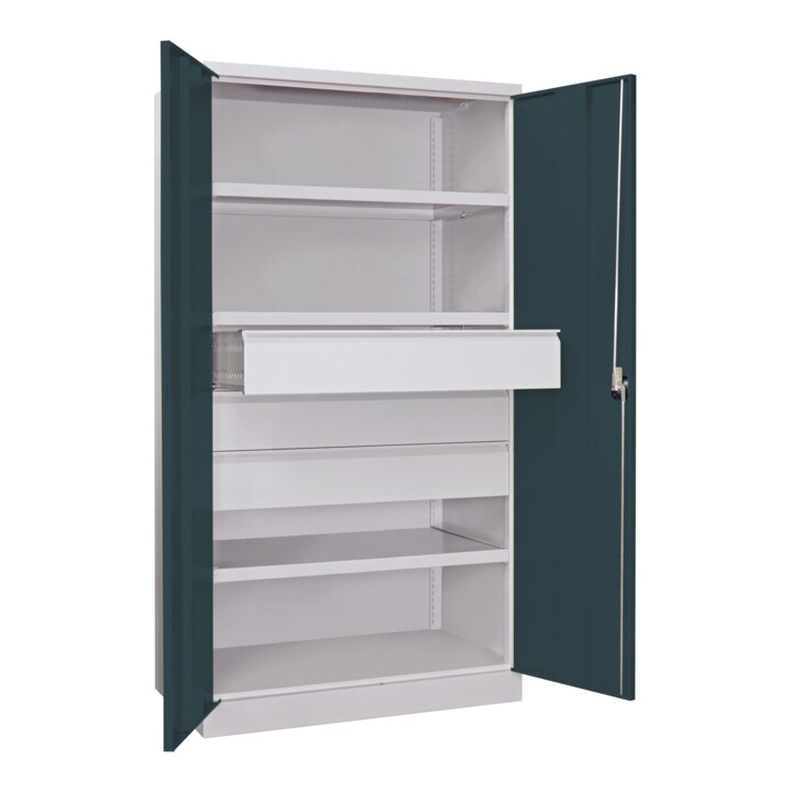 Pavoy Schwerlastschrank, 3 Fachböden a 200 kg, 3 Schubladen a 175 mm, Ral 7035/7016