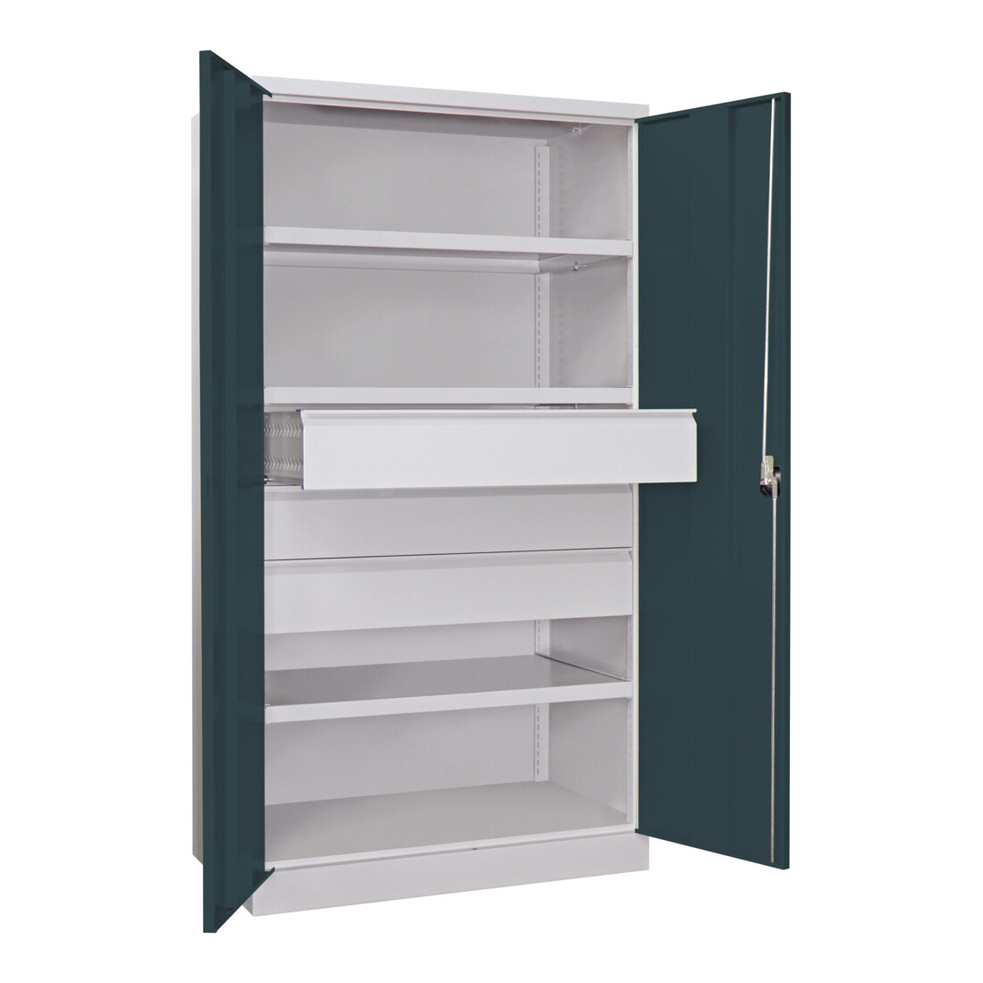 Pavoy Schwerlastschrank, 3 Fachböden a 200 kg, 3 Schubladen a 175 mm, Ral 7035/7016