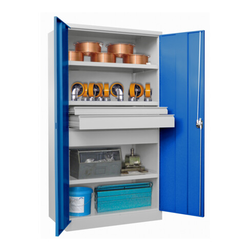 Pavoy Schwerlastschrank, 3 Fachböden a 200 kg, 3 Schubladen, RAL 7035/5010