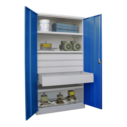 Pavoy Schwerlastschrank, 3 Fachböden a 200 kg, 4 Schubladen, Ral 7035/5010